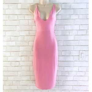 Pink Plunge Neck Midi Dress - Slinky Dress